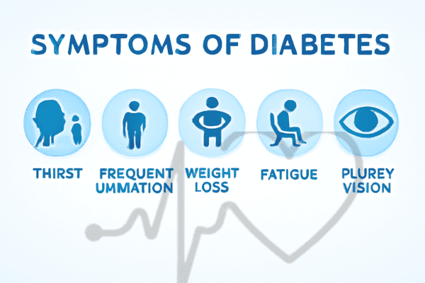 Common symptoms of diabetes include thirst, frequent urination, weight loss, fatigue and blurry vision
