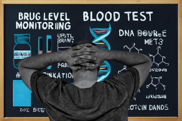 Man observing a blood test chart with molecular structures.