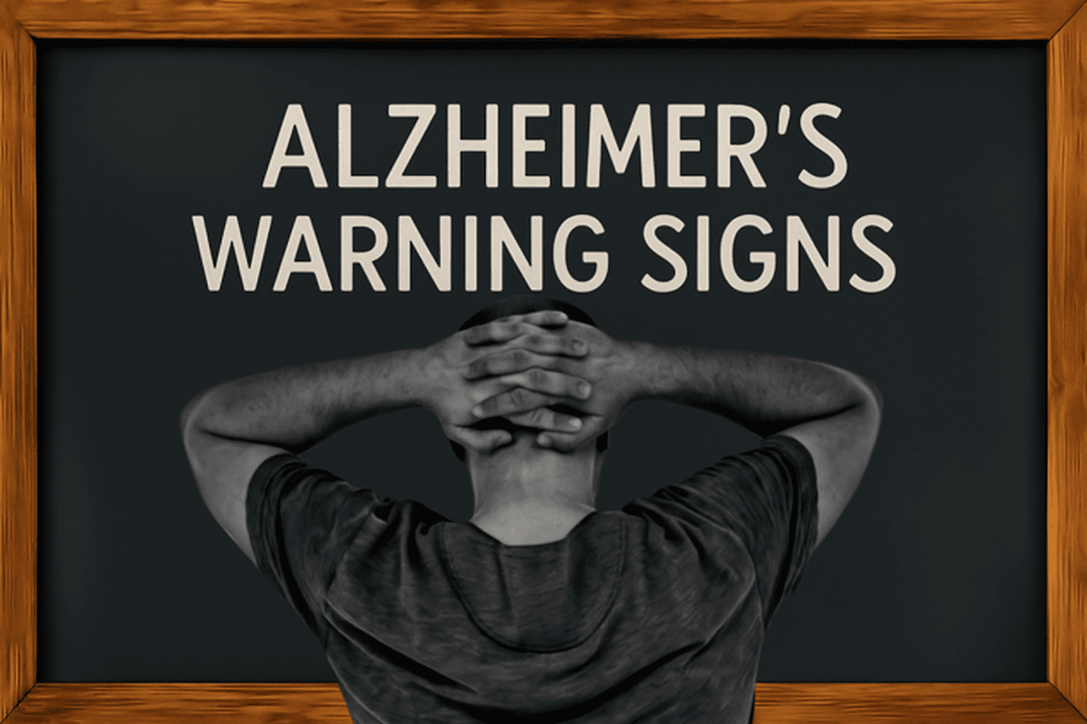 Person holding head in stress with text "Alzheimer's Warning Signs" written on a blackboard.