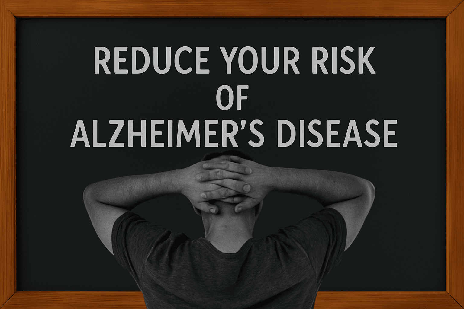 Person holding their head with hands behind, with text "Reduce Your Risk of Alzheimer's Disease" on a blackboard.