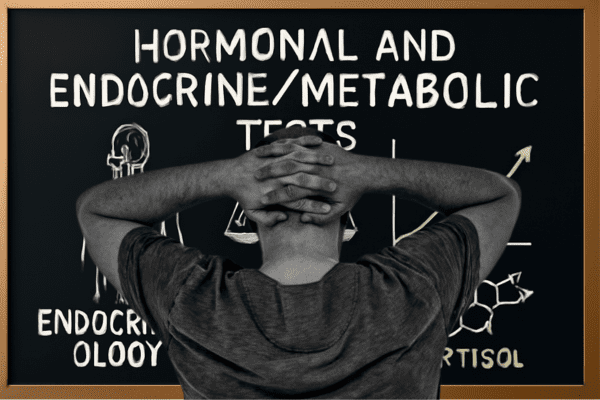 Man looking at hormonal tests chart with cortisol and endocrine system illustrations.