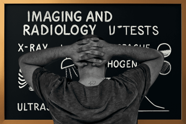 Man observing imaging & radiology tests chart including X-ray, ultrasound, and CT scan.
