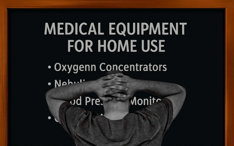 Poster showing medical equipment for home use including oxygen concentrators, nebulizers, and blood pressure monitors, with a person holding their head in the foreground.
