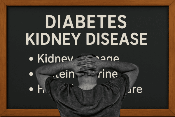 A person with hands on their head is looking at a blackboard that displays the title "Diabetic Kidney Disease."