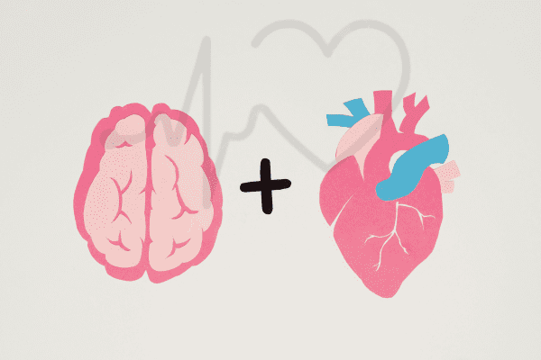 Illustration of a brain and a heart side by side with a plus sign.