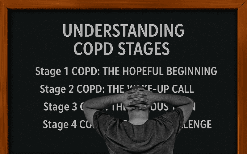 An infographic showing four COPD stages with descriptions, titled "Understanding COPD Stages," highlighting the emotional journey and impact on life expectancy by stage—a visual guide to feature COPD life expectancy by stage.