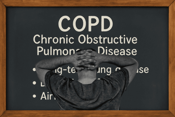 Man looking at a board with COPD written as Chronic Obstructive Pulmonary Disease, highlighting long-term lung issues.
