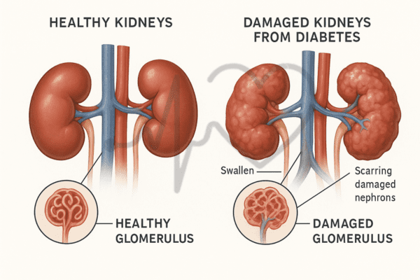 Medical illustration comparing healthy kidneys with kidneys damaged from diabetes, showing swollen tissues, scarred nephrons, and glomerulus differences.