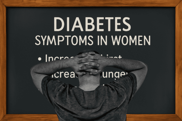 A man with hands behind his head is looking at a board that says "Symptoms of Diabetes in Women," listing symptoms and highlights.