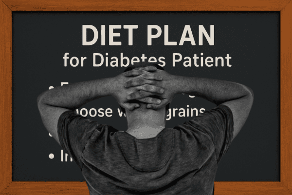 Image showing a man looking at a board with the text "DIET PLAN for Diabetes Patient," focusing on the diet plan for a diabetic patient.