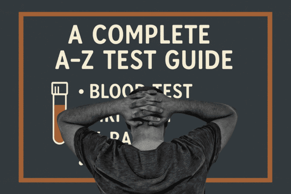 A man looking at a board displaying the text 'A Complete A-Z Test Guide' of Medical Tests.