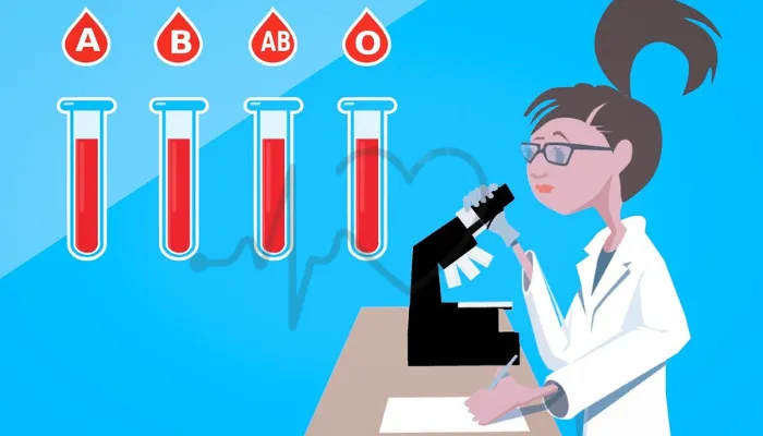 A scientist analyzing blood samples of different blood groups (A, B, AB, O) in test tubes under a microscope