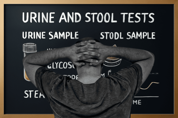Man looking at urine and stool tests chart on board.