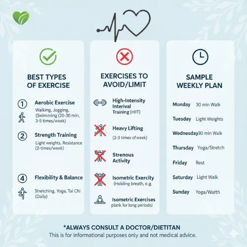 Infographic displaying recommended and avoidable exercises for heart health. Includes aerobic, strength, flexibility exercises, and a weekly workout plan. Advises against heavy lifting, HIIT, and isometric exercises.