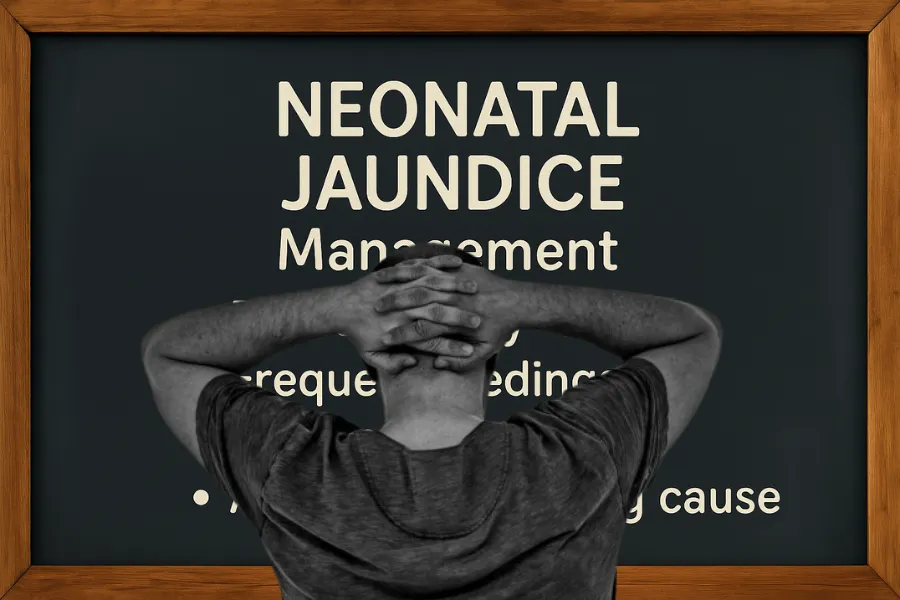 Man looking at a board titled "Neonatal Jaundice Management.
