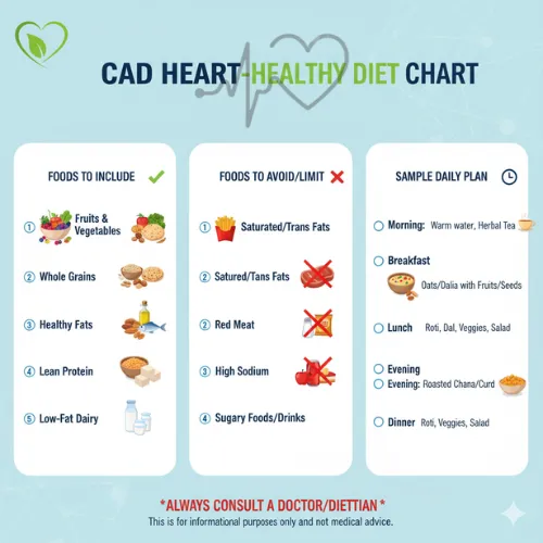 Infographic showing a heart-healthy diet chart for CAD. Lists foods to include (fruits, vegetables, whole grains, lean protein) and foods to avoid (trans fats, red meat, high sodium). Also includes a sample daily meal plan.