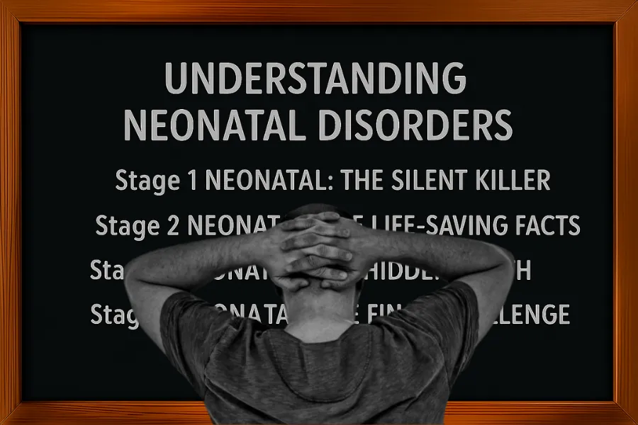 Person looking at board displaying stages of understanding neonatal disorders.
