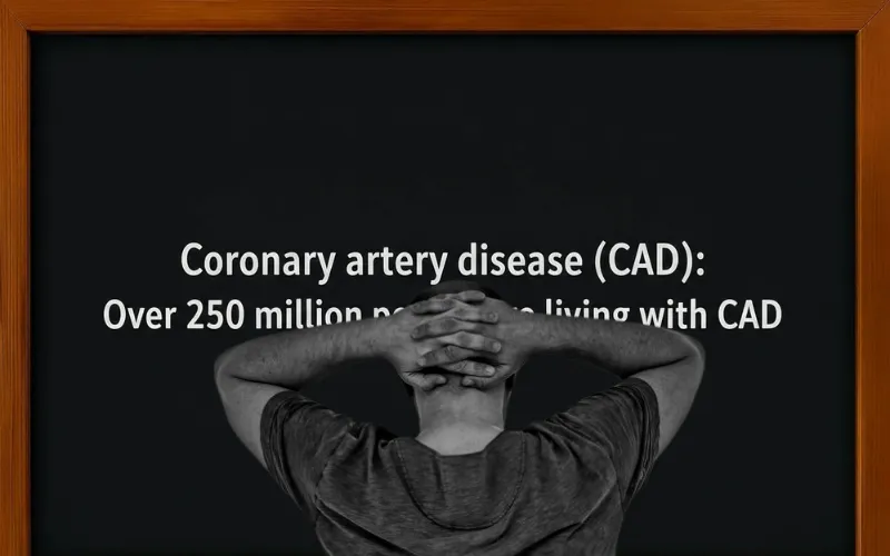 A person holding their head in stress with bold text highlighting that over 250 million people live with Coronary Artery Disease (CAD).