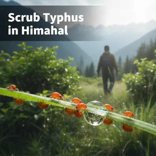 Visual of a Himalayan landscape with a person walking through lush greenery, foreground showing red mites on a blade of grass with a water droplet — highlighting the hidden risk of scrub typhus in natural environments.