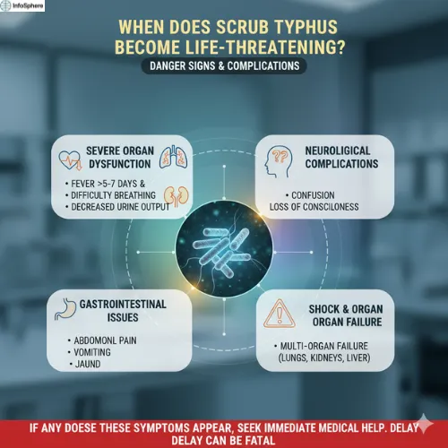 Medical infographic titled "When Does Scrub Typhus Become Life-Threatening?" showing four categories of severe symptoms: organ dysfunction, neurological issues, gastrointestinal problems, and multi-organ failure. Includes a warning to seek immediate medical help if these signs appear.