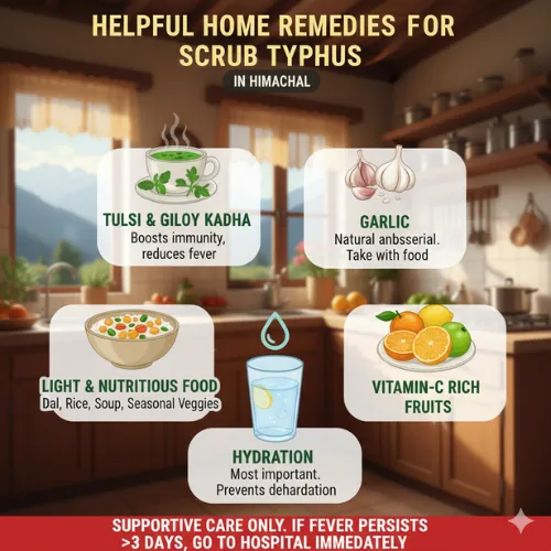Informative poster titled "Helpful Home Remedies for Scrub Typhus in Himachal" featuring natural remedies like Tulsi & Giloy Kadha, garlic, light food, vitamin-C fruits, and hydration, set against a cozy kitchen backdrop with a scenic view.