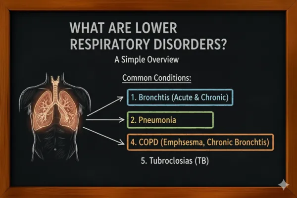 Infographic showing major lower respiratory disorders with lung anatomy illustration.
