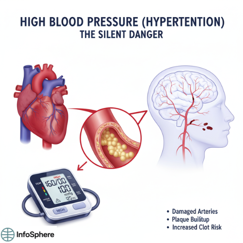 Medical illustration showing the cardiovascular system, a digital blood pressure monitor, and brain vessels, highlighting the dangers of high blood pressure.