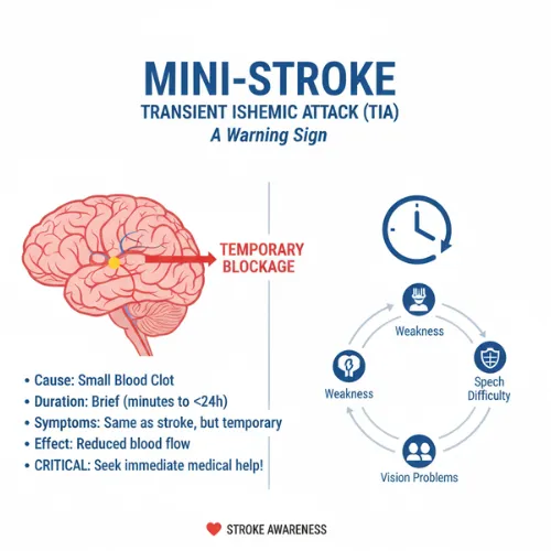 Mini-stroke (TIA) infographic showing temporary brain blockage, symptoms, and urgency for medical help