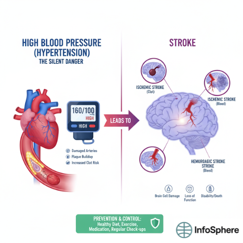 Diagram illustrating the link between high blood pressure and different types of stroke, including prevention and control measures.