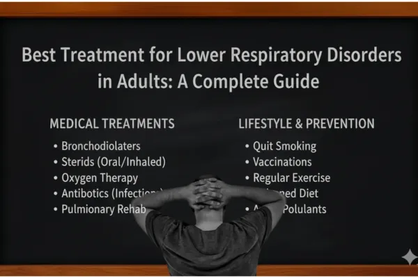 Image showing a guide titled "Best Treatment for Lower Respiratory Disorders in Adults" with two sections: Medical Treatments (Bronchodilators, Steroids, Oxygen Therapy, Antibiotics, Pulmonary Rehab) and Lifestyle & Prevention (Quit Smoking, Vaccinations, Regular Exercise, Balanced Diet, Avoid Pollutants).