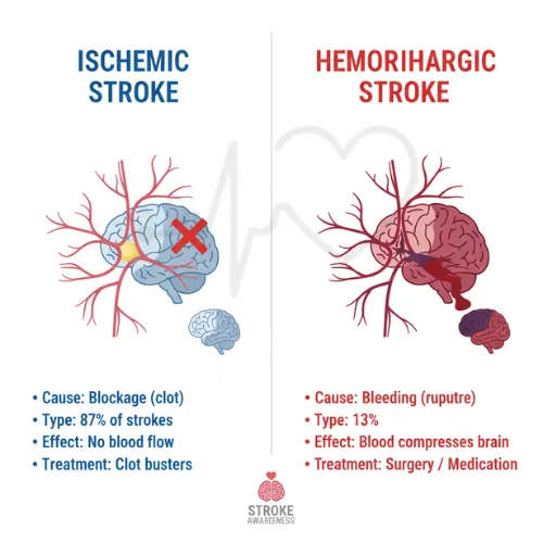 Infographic comparing ischemic stroke and hemorrhagic stroke with causes, effects, and treatments