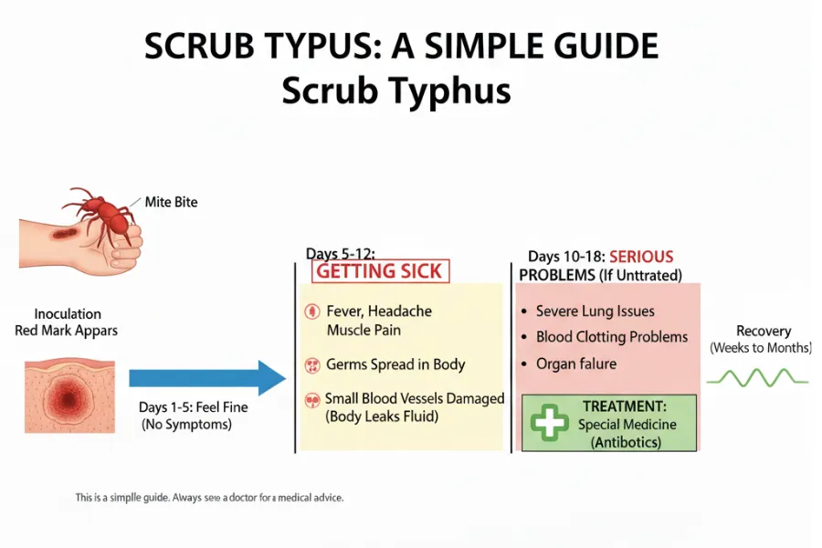 Medical guide titled "Scrub Typhus: A Simple Guide" showing the disease’s progression from mite bite to serious complications. Includes stages like initial symptom-free phase, fever and muscle pain, organ damage, recovery timeline, and antibiotic treatment.