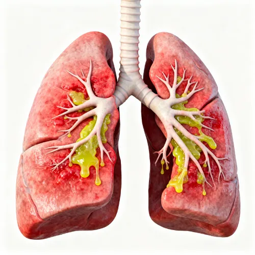 Medical illustration of human lungs showing mucus buildup and inflammation, representing bronchitis infection.