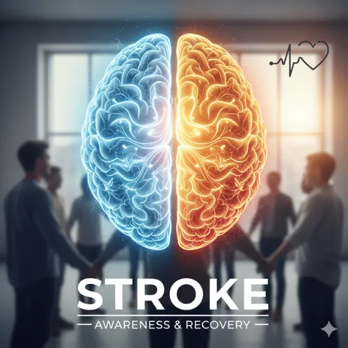 A group of people standing in circle with a glowing brain illustration showing stroke awareness and recovery
