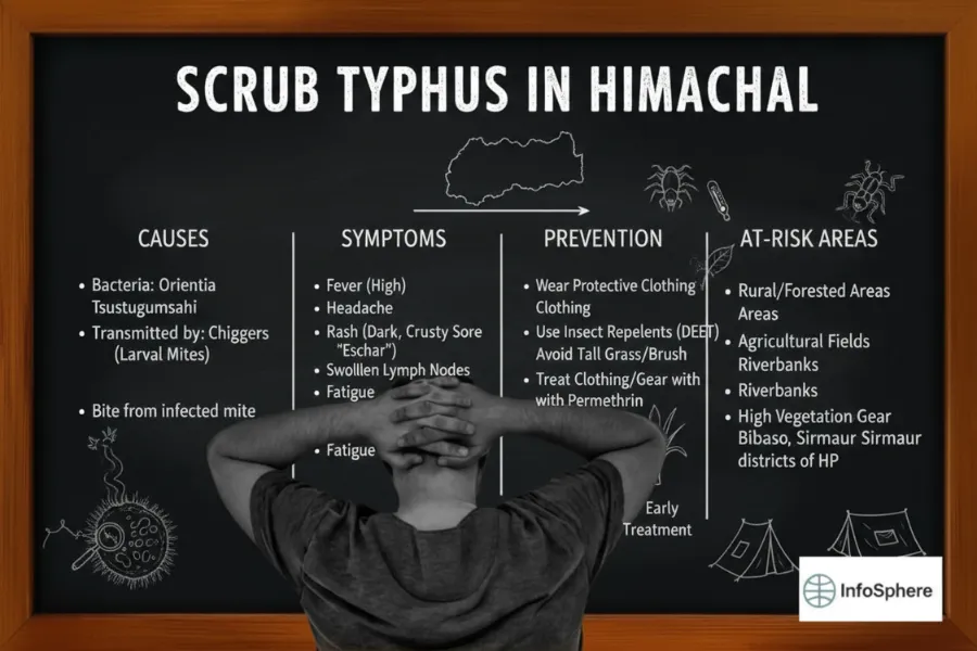 Awareness poster titled "Scrub Typhus in Himachal" showing causes, symptoms, prevention tips, and high-risk areas like Bibaso and Sirmaur. Includes visuals of tents, trees, and a concerned person, emphasizing the disease’s presence in rural and forested regions.