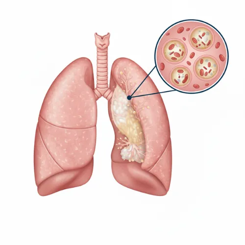 Illustration showing lung infection caused by pneumonia, with inflamed alveoli filled with fluid and pus highlighted in a magnified view.