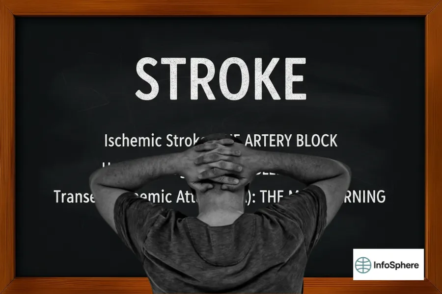 Man holding head in front of stroke awareness board showing types of strokes