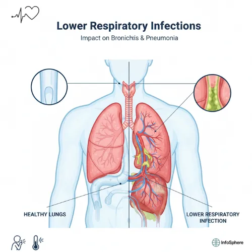 Medical illustration comparing healthy lungs with infected lungs affected by bronchitis and pneumonia, showing inflammation and mucus buildup in the lower respiratory tract.