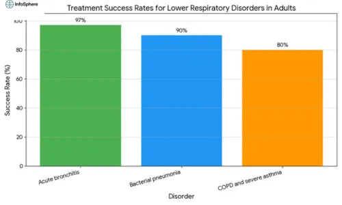 Bar chart showing treatment success rates for lower respiratory disorders in adults: Acute bronchitis (97%), Bacterial pneumonia (90%), and COPD/severe asthma (80%).