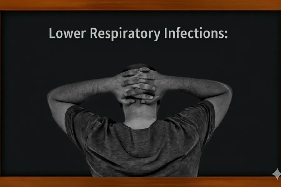 A person holding their head in distress with the text "Lower Respiratory Infections" above, representing the discomfort or concern related to respiratory illness.
