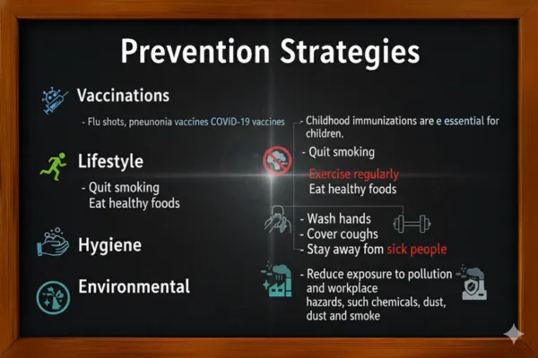 Infographic listing prevention strategies for lower respiratory disorders, including vaccination, lifestyle changes, hygiene, and environmental precautions.