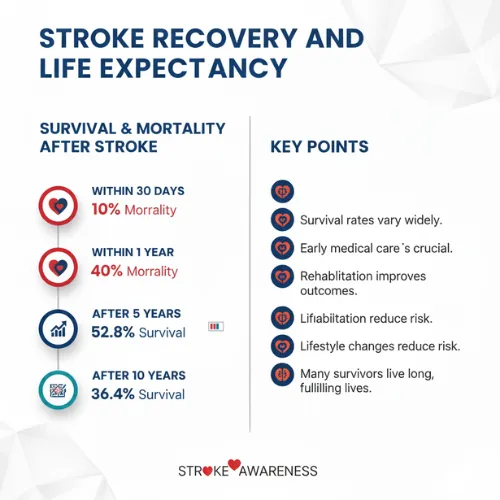 Stroke recovery and life expectancy infographic showing survival rates and key recovery points