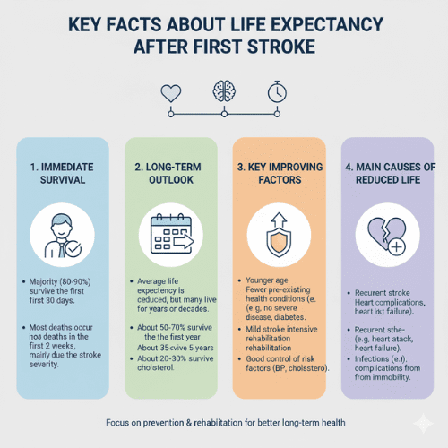 Infographic summarizing key facts about life expectancy after a first stroke, including survival statistics, long-term outlook, improving factors, and main causes of reduced life expectancy, with icons for each section.