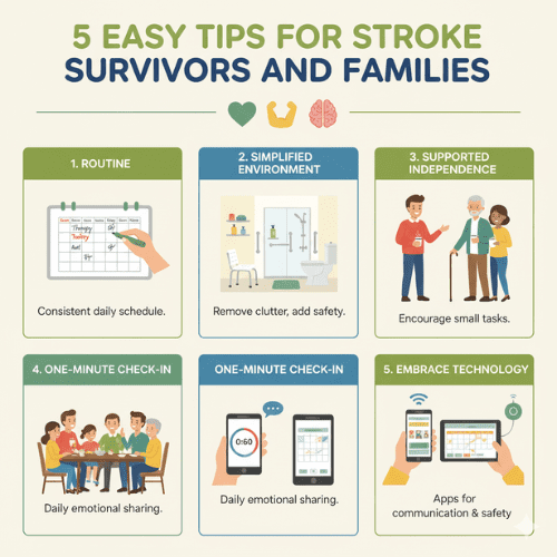 Infographic illustrating five easy tips for stroke survivors and families: maintain routine, simplify environment, support independence, share daily emotions, and use technology apps for safety and communication.