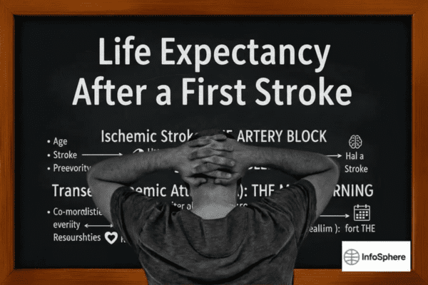 A person facing a blackboard displaying the words 'Life Expectancy After a First Stroke' along with medical terms and diagrams, emphasizing stroke awareness and recovery, with an Infosphere logo in the corner.