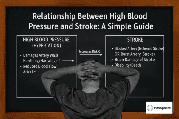 A person looks at a blackboard explaining the relationship between high blood pressure and stroke.