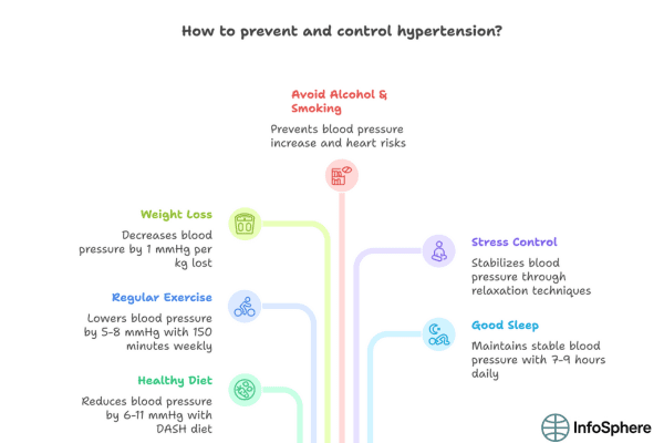 Infographic presenting lifestyle recommendations and habits for preventing and controlling high blood pressure, including diet, exercise, sleep, and stress control.