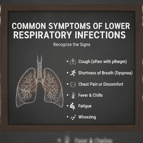 Educational poster listing common symptoms of lower respiratory infections, with illustrated lungs in the center and symptom icons on the side.