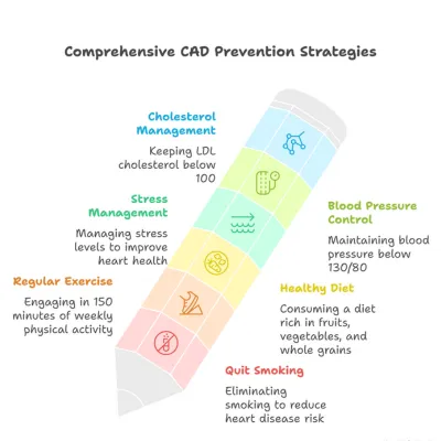 An infographic showing comprehensive prevention strategies for coronary artery disease, including cholesterol control, stress management, blood pressure control, exercise, a healthy diet, and quitting smoking.