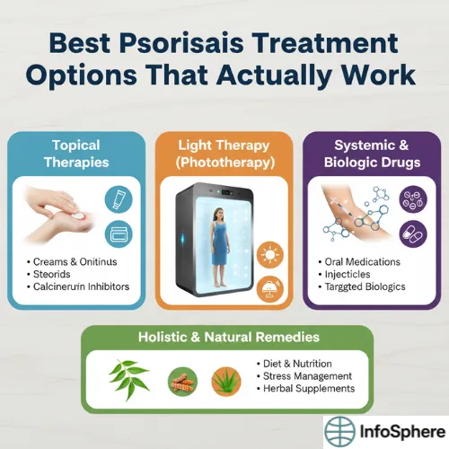 An infographic showing four psoriasis treatment categories: topical therapies like creams and steroids, light therapy using phototherapy devices, systemic and biologic drugs including injections and oral medicines, and holistic remedies such as diet, stress control, and herbal supplements.Select 62 more words to run Humanizer.